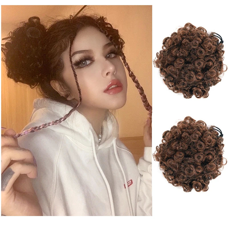 

2 pieces Bun Chignon Hair Accessories jerry curl Afro Puff Soft Fried Head Elastic Hair Rope Synthetic Buns for Black Woman