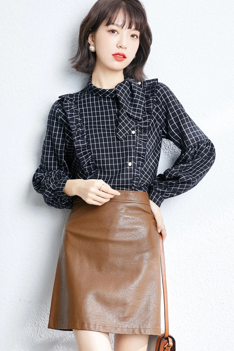 

Houthion Chiffon Slim Women's Blouses New Casual Blouse Fashion Long Sleeve Top Plaid Printing Shirt Spring/autumn