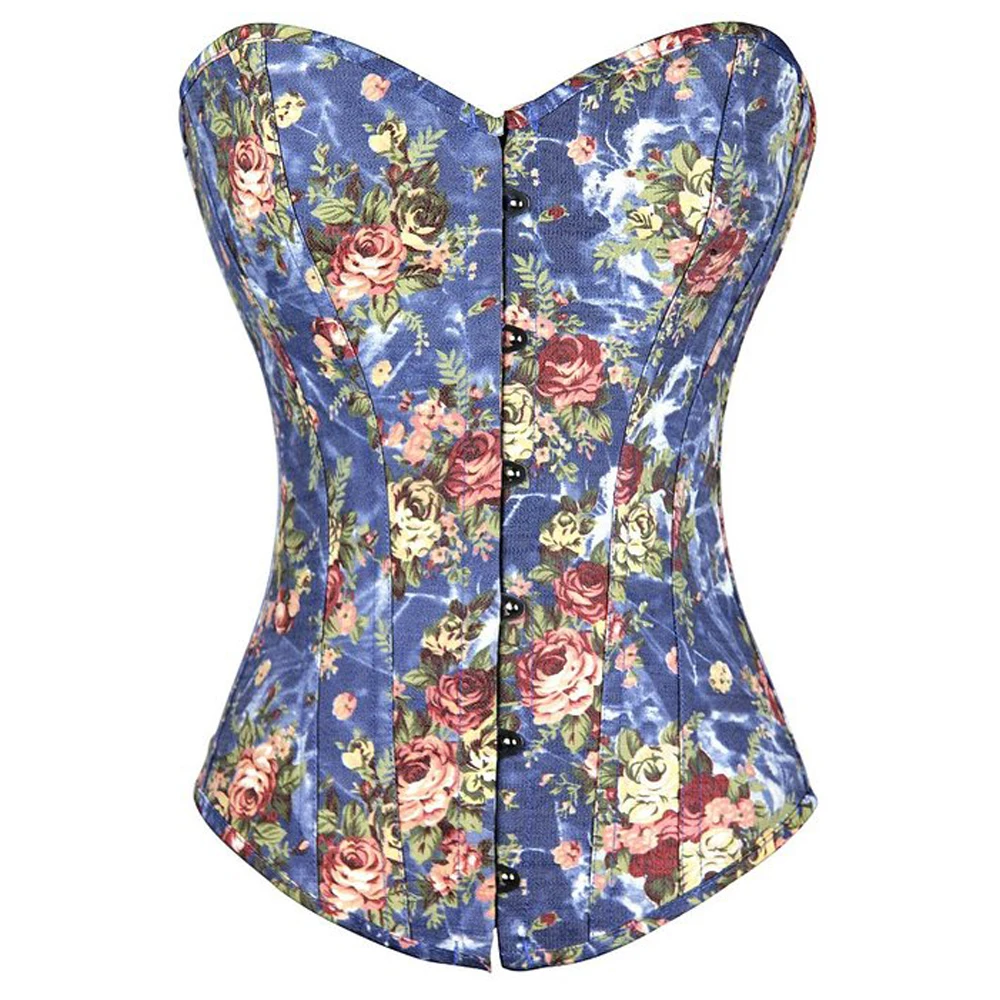 

Sexy Womens Denim Flower Pattern Boned Lace up Overbust Corset Waist Cincher Bustier Lingerie Top