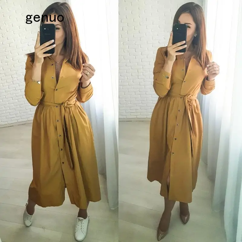 

Women Vintage Sashes Front Button A-line Party Dress Long Sleeve Stand Collar Solid Elegant Office Lady Dress 2020 Winter Dress