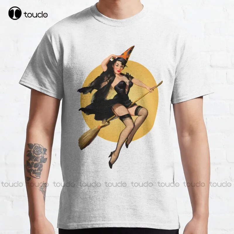 

Новинка, винтажная Классическая Ретро футболка Elvgren в стиле Хэллоуин, ведьма, пинап, в стиле 1920-х годов, женская и Мужская футболка, хлопковые...