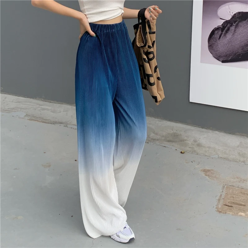 

Summer New Pleated Gradient Color Elastic Waist Loose Casual Trouser Women Summer Straight Wide Leg Pants Fashion Streetwear