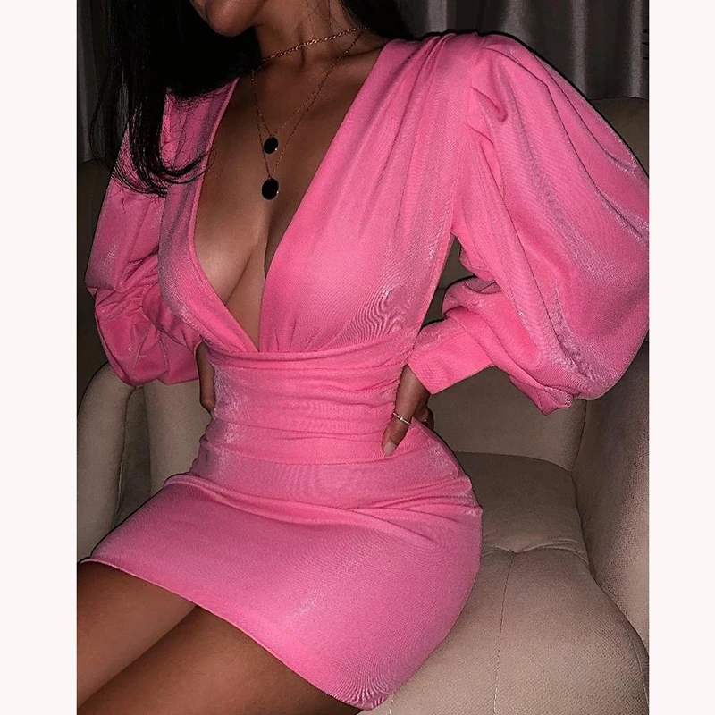 01 Pink Сексуальное платье с глубоким v-образным вырезом, плотно брюки с высокой талией Bodycon платье Для женщин осень Фонари с длинными рукавами Клубные вечерние платье леди выдалбливают Slim Fit мини-платье - Цвет: 01 Pink
