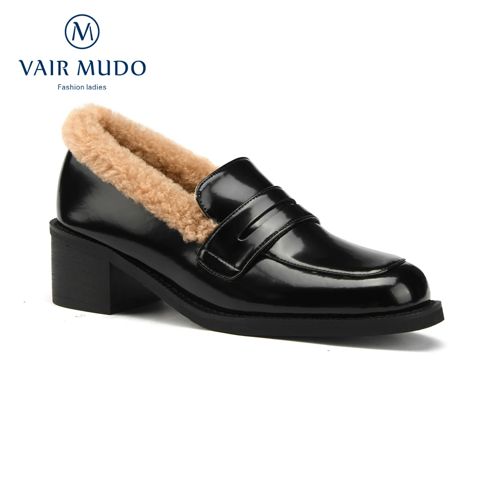 

VAIR MUDO Women Pumps Shoes Autumn Winter Fashion Elegant Black Wool Fashion Casual Loafers Shallow Patent Leather WM-X411-C