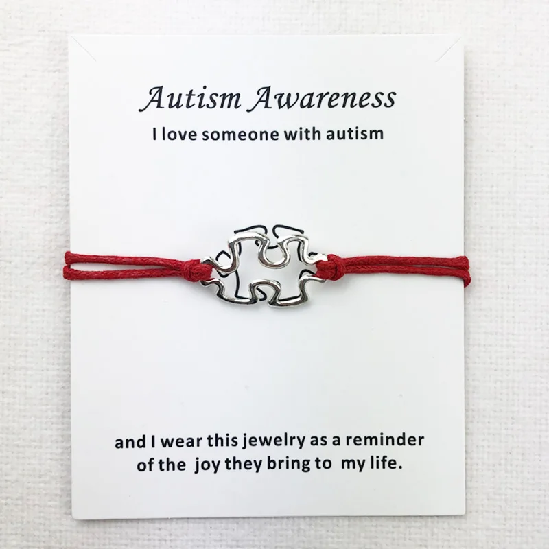 

Awareness Autism Charms Cuff Multilayer Red Wax Rope Bracelets Antique Silver Plated Women Men Unisex With Card Bracelet Jewelry