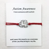 awareness autism charms cuff multilayer red wax rope bracelets antique silver plated women men unisex with card bracelet jewelry