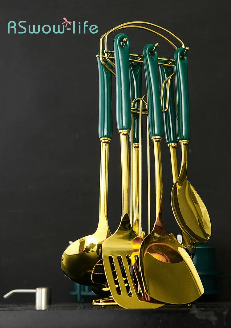 

7PCS Modern Stainless Steel Gilded Green Glaze Kitchen Cooking Tools Ceramic Household Kitchenware Shelf Free