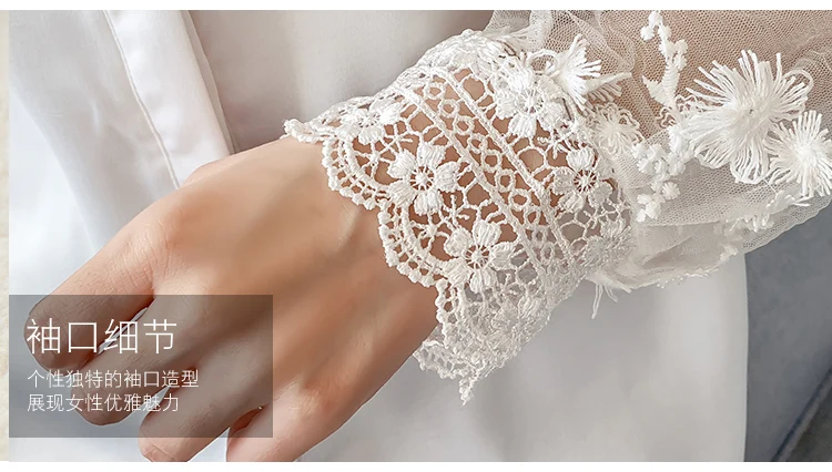 

Elegant White shirt Autumn Winter long-sleeved Women Lace Tops Patchwork Chiffon blouse