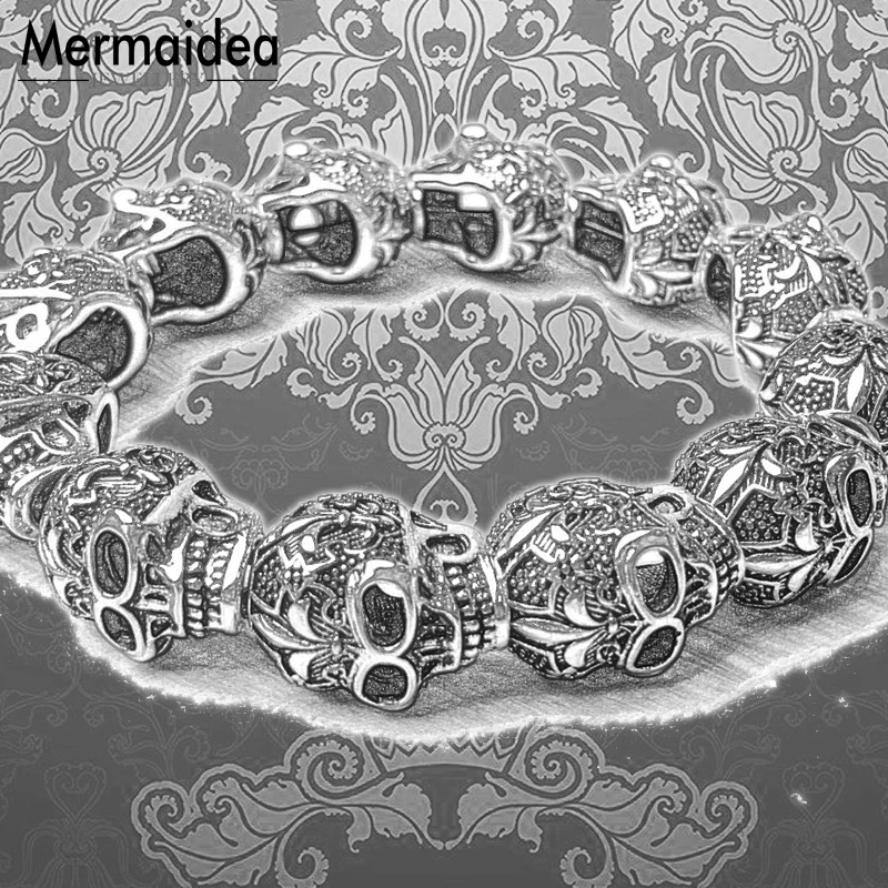 Мужской браслет с бусинами в виде черепа новинка почерненное серебро модное