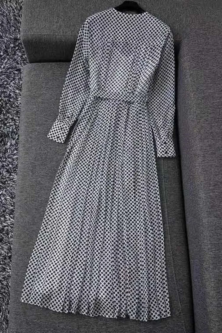 

Top Quality New 2020 Autumn Winter Long Dress Women V-Neck Polka Dot Print Belt Patchwork Long Sleeve Elegant Party Maxi Dress