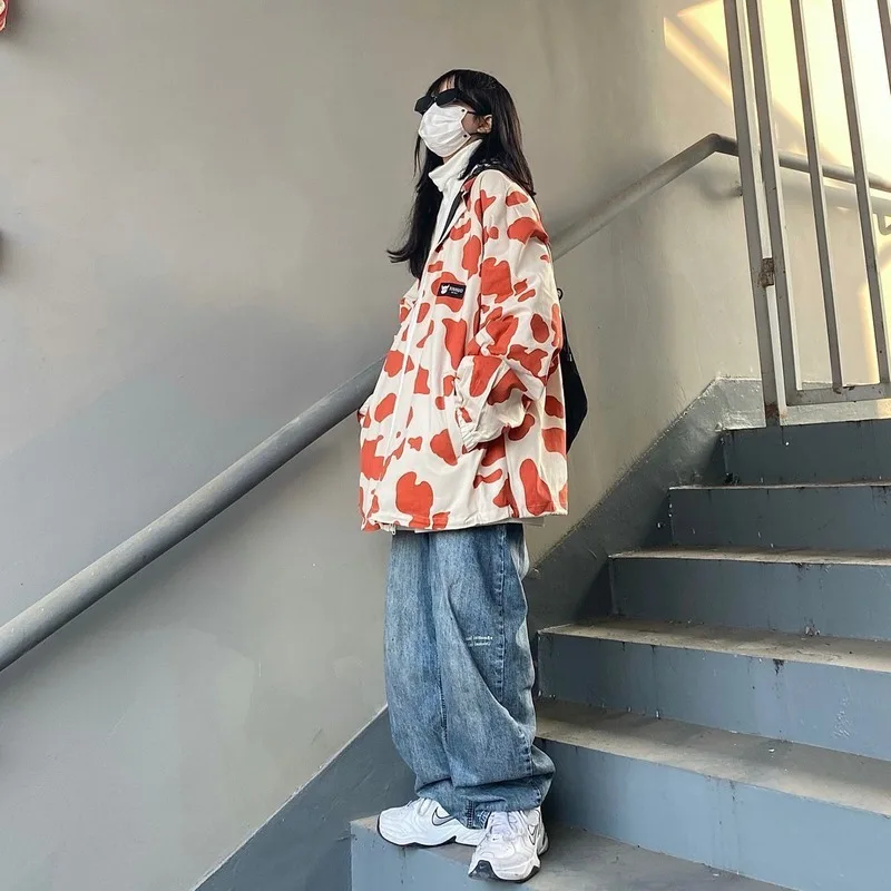 

QWEEK Cow Print Sweatshirt Spring 2021 Fashion Korean Style Casual Milk Harajuku Sweatshirt with Print Japanese Streetwear Women
