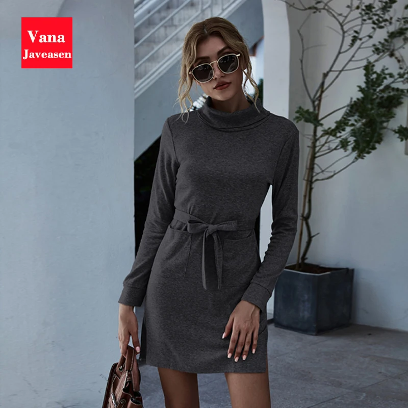 

Turtleneck Straight Dress Office Lady Sashes Lace-up Pocket Design Dresses Women Simple Long Sleeve Elegant Dress Vestidos