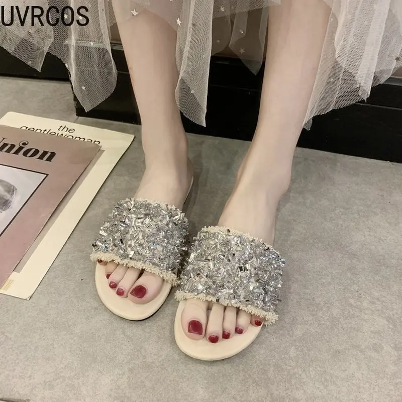 

2021 New Women's Slippers Vamp Personality Rhinestone Sequins Decoration Fashion All-match Temperament Women's Slippers