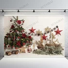 Фон для фотографий с рождественской елкой и шарами в подарок звездой, дедом морозом, снегом, для детской портретной фотосъемки
