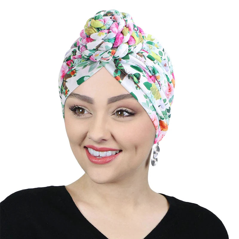 

New Braided African Pattern Flower Turban Hat Head Wrap Ladies Muslim Knotted Hijab Indian Hat Fashion Hair Accessories