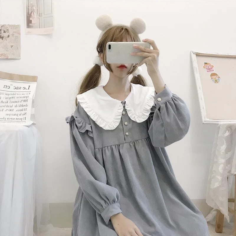 

One-Piece 2020 New Spring Autumn Lolita Style Women Dress Sailor Collar Loose Puff Sleeve Dress French Casual Corduroy Dress
