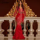 Женское вечернее платье с перьями, длинное красное платье с V-образным вырезом и длинным рукавом, юбка-годе, платье для выпускного вечера, 2020