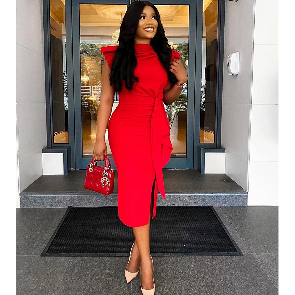 

New Arrival Red Dresses For Women Short Sleeve Slim Sexy Split Vestidos Elegant Africaine Femme Chic Fashion Dinner Party Dress