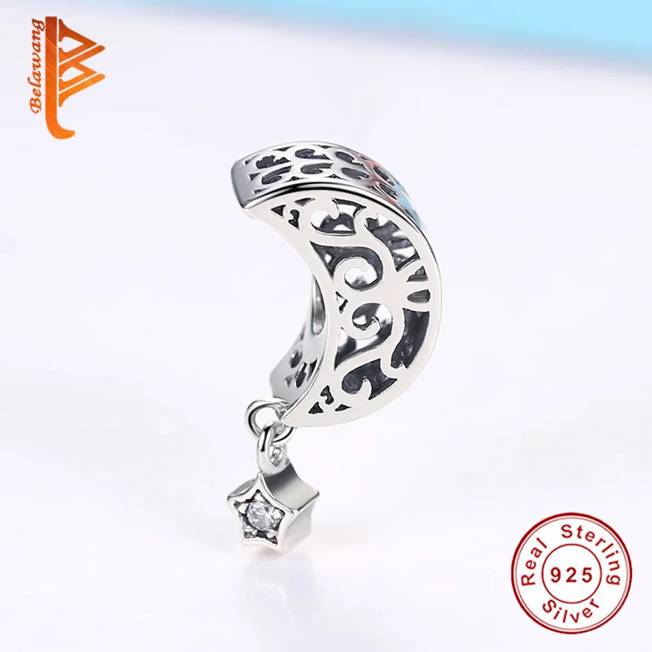 BELAWANG Luxury 925 Sterling Silver Openwork Moon and Star Goodnight Charm Beads fit Bracelet DIY Jewelry Valentine Day Gift | Украшения и