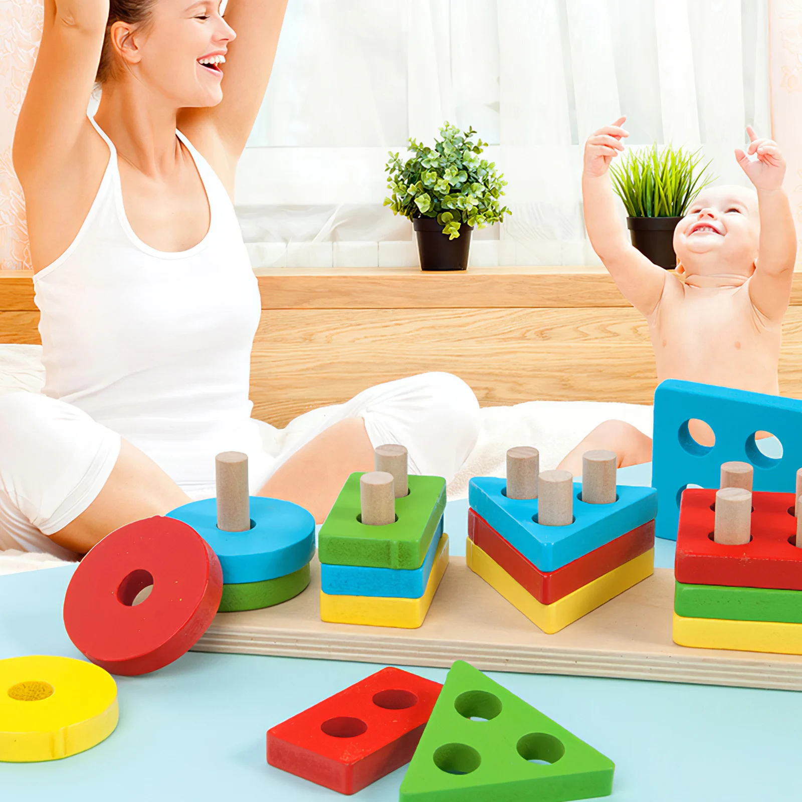 

Деревянные детские геометрические фигуры для сортировки, набор математических игрушек, гладкий развивающий строительный блок, Штабелируе...