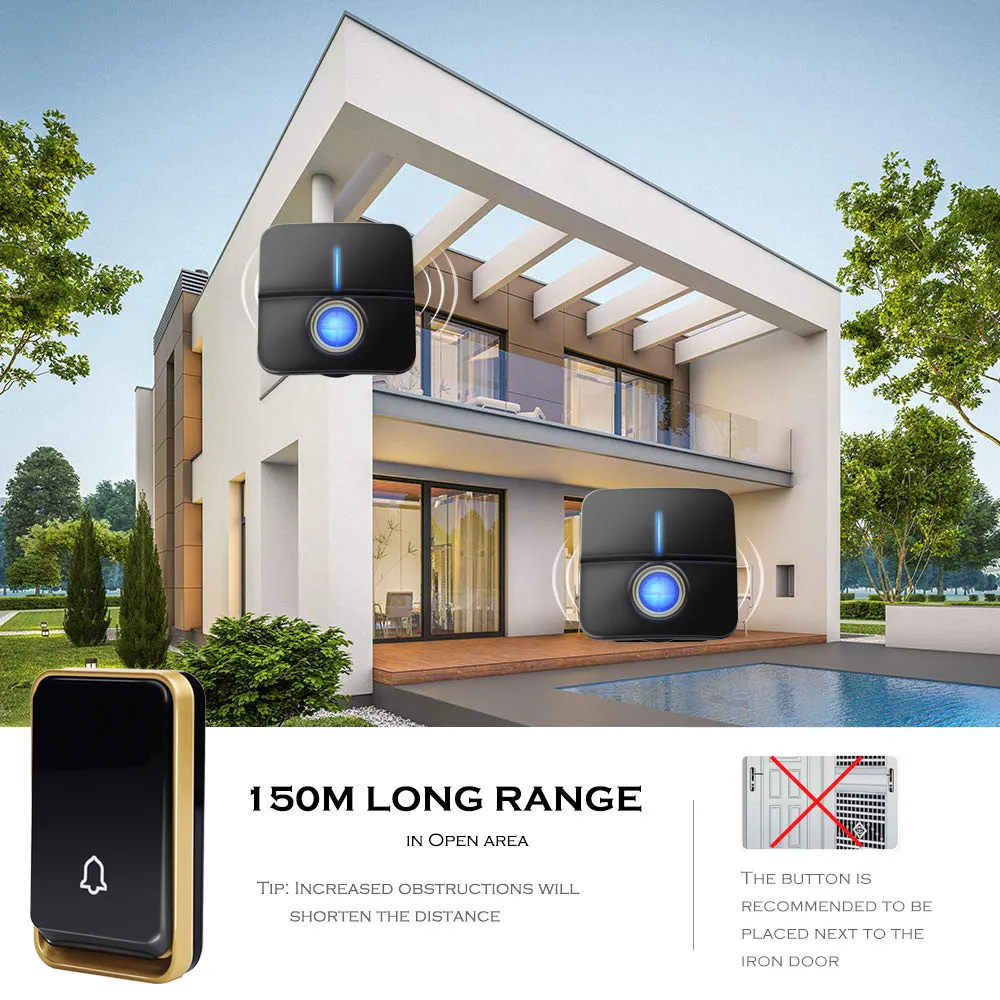 Беспроводной дверной звонок YIFAN без аккумулятора водонепроницаемый 150 м с