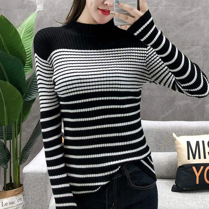 Women's Sweater Fashion Basic Autumn Winter Stripes Print Slim Long Sleeved Turtleneck Bottom Knit | Женская одежда