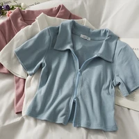 summer zipper cardigan lapel short sleeved shirt short sleeved womens 2021 slim and thin short umbilical t shirt short sleeved