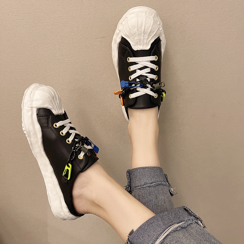 

House Slippers Platform Med Summer Women's Shoes Slides Loafers Cover Toe Pantofle Flat 2021 Cross-tied PU Rubber Shoes Woman 20