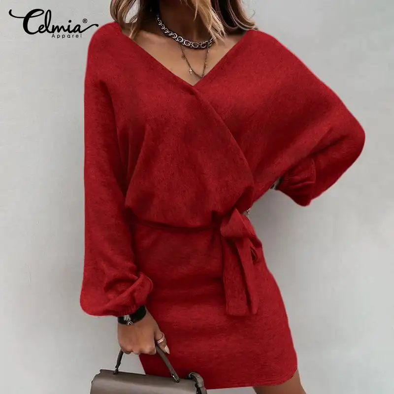 

Women Sexy Sheath Mini Dress Celmia Elegant V-neck Puff Sleeve Vestidos 2021 Autumn Brushed Fleece Bandage Party Short Dress