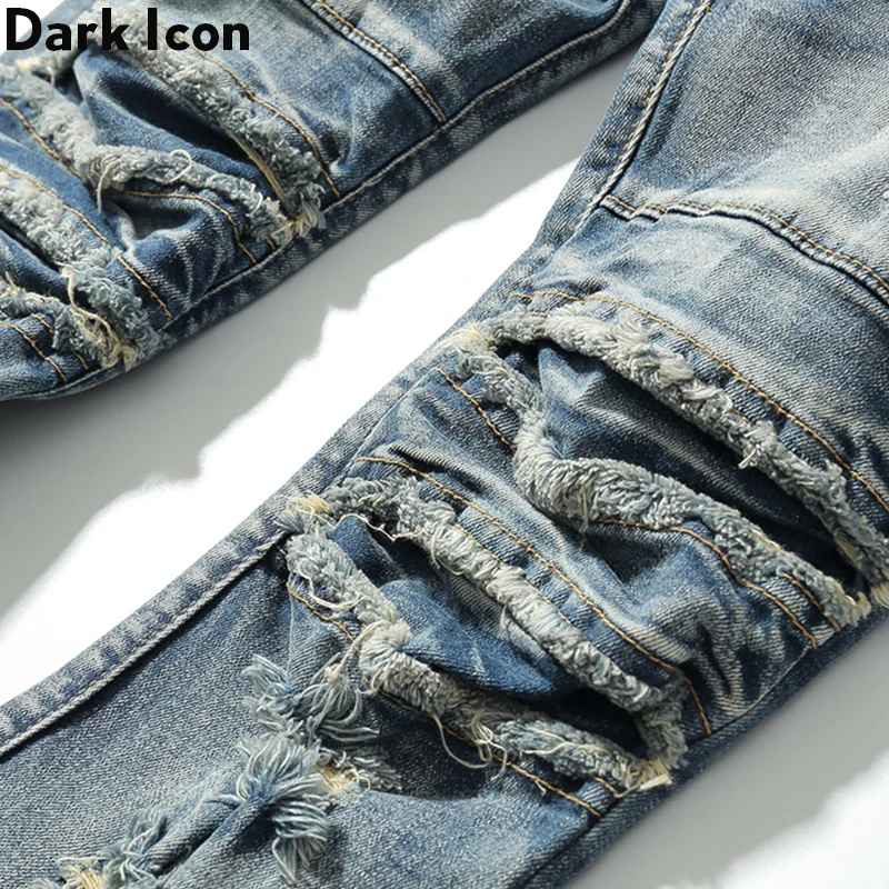 Джинсы Dark Icon Мужские Винтажные рваные джинсовые брюки Slim Fit в стиле хип-хоп