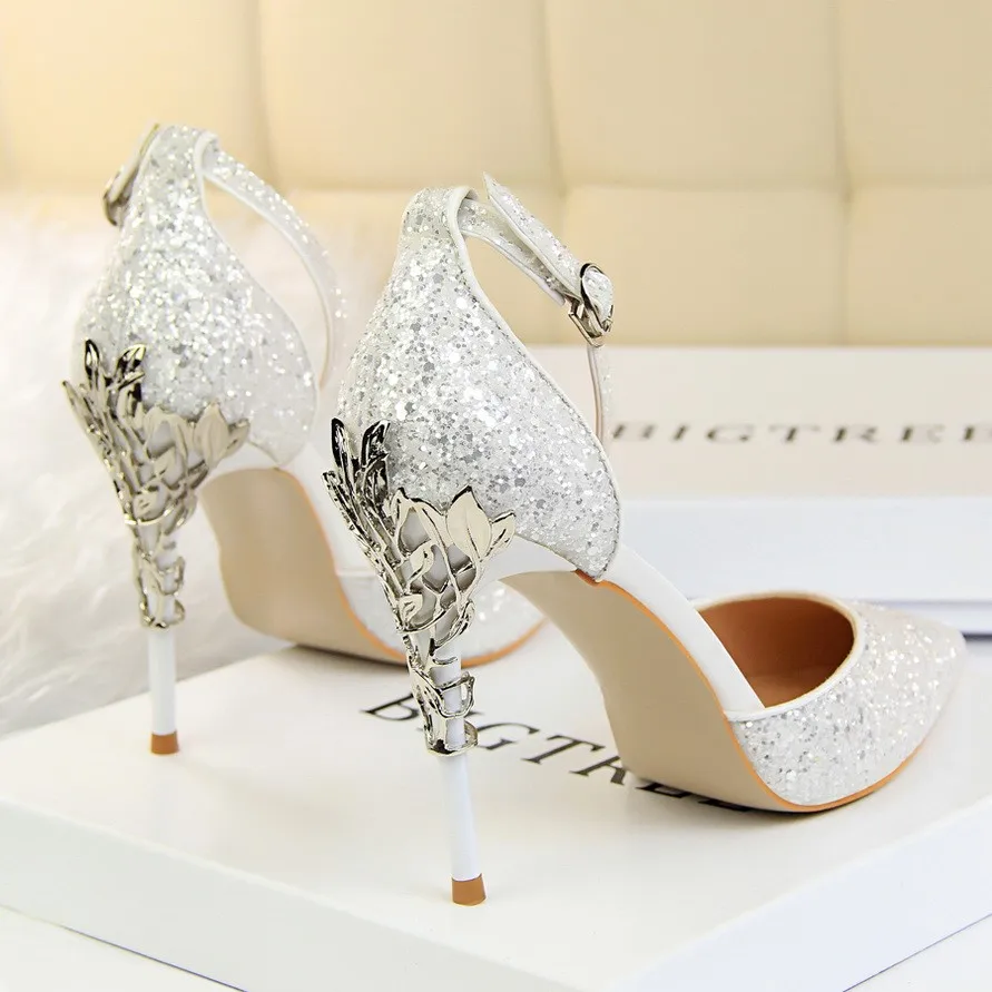 QWEDFsummer crystal princess shoes gold sequins high heels fine wedding silver bride pointy bridesmaid single MJ-75 | Обувь