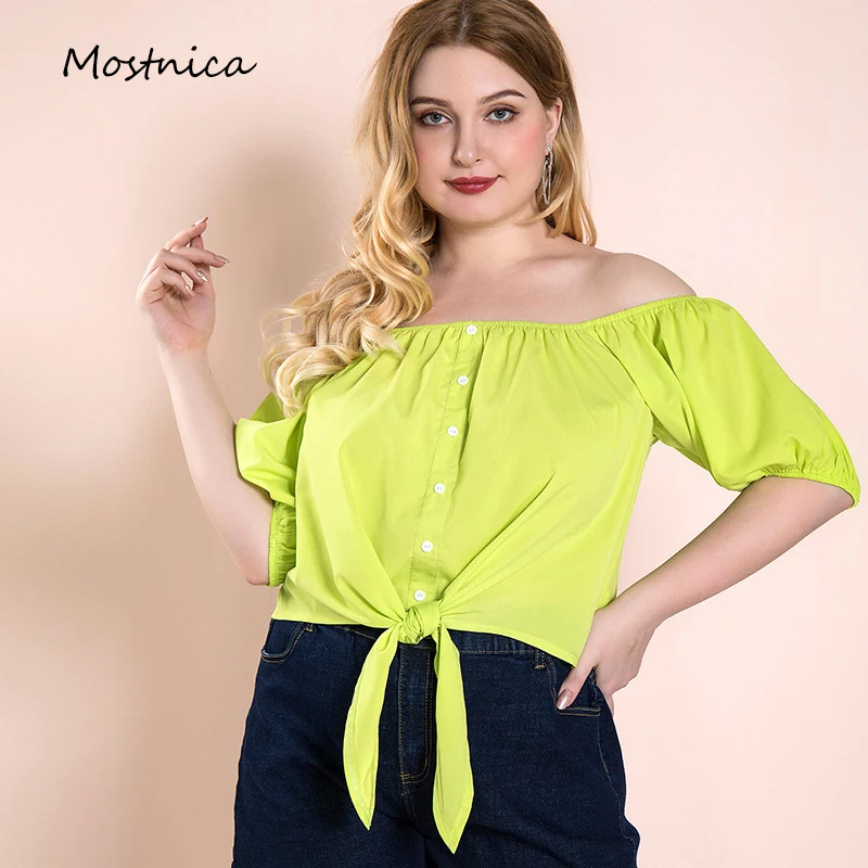 

Женский топ с открытыми плечами Mostnica, неоновый зеленый укороченный топ большого размера с коротким рукавом и завязкой на талии, пикантная б...