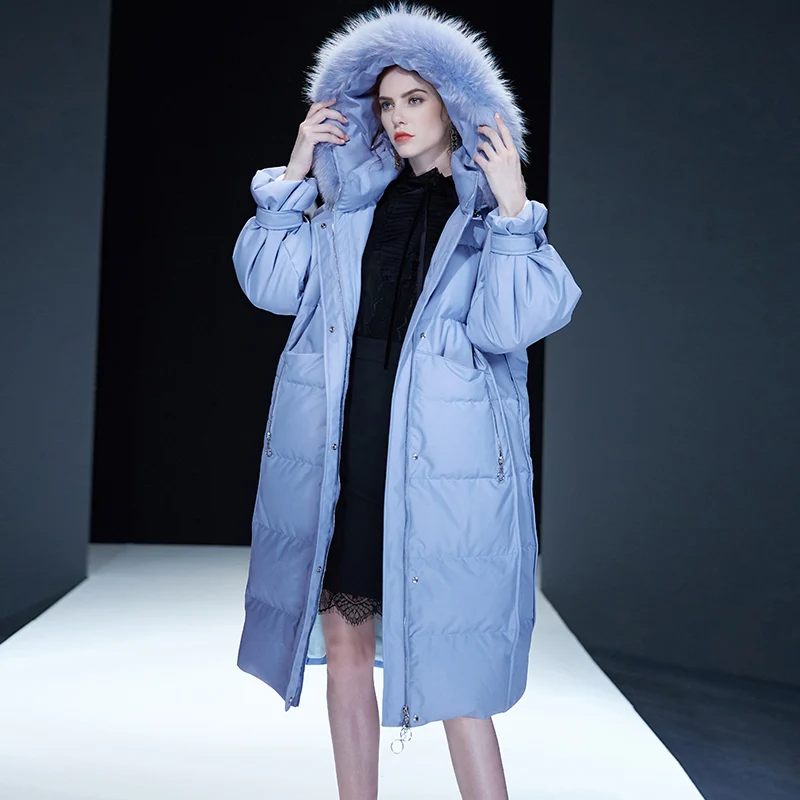 blue with fur Модные зимние толстые теплые х-длинные пушистые 90% пуховые пальто женские Непродуваемые пуховики из натурального меха, верхняя одежда F223 - Цвет: blue with fur