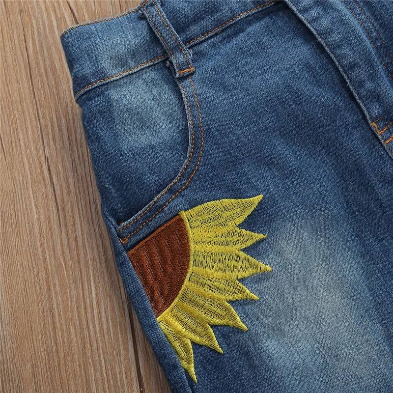 

2020 Summer Casual Clothes For Girls 1-6Y Toddler Baby Flare Sleeve Sunflower Black T-shirt Top+Embroidery A-line Denim Skirt