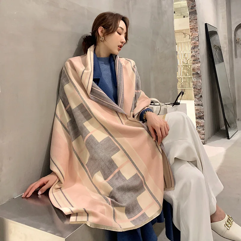 

Autumn and winter lady fashion print tassels two-sided Super large cashmere Scarf New style keep warm wool Popular stripe Shawls