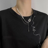 u magical unique creative blade pearl asymmetric pendant necklace for women simple rhinestone hollow metal necklace gift jewelry