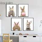 Плакаты и принты с животными, Постер с кроликом, рисунок пузырьковая жвачка, картины с цветами и пионами, декоративная картина для детской спальни