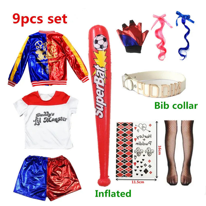 

Cosplay Costumes Kids Girls Halloween Carnival T Shirt Bracer Joker Jacket Belt Wig Gloves