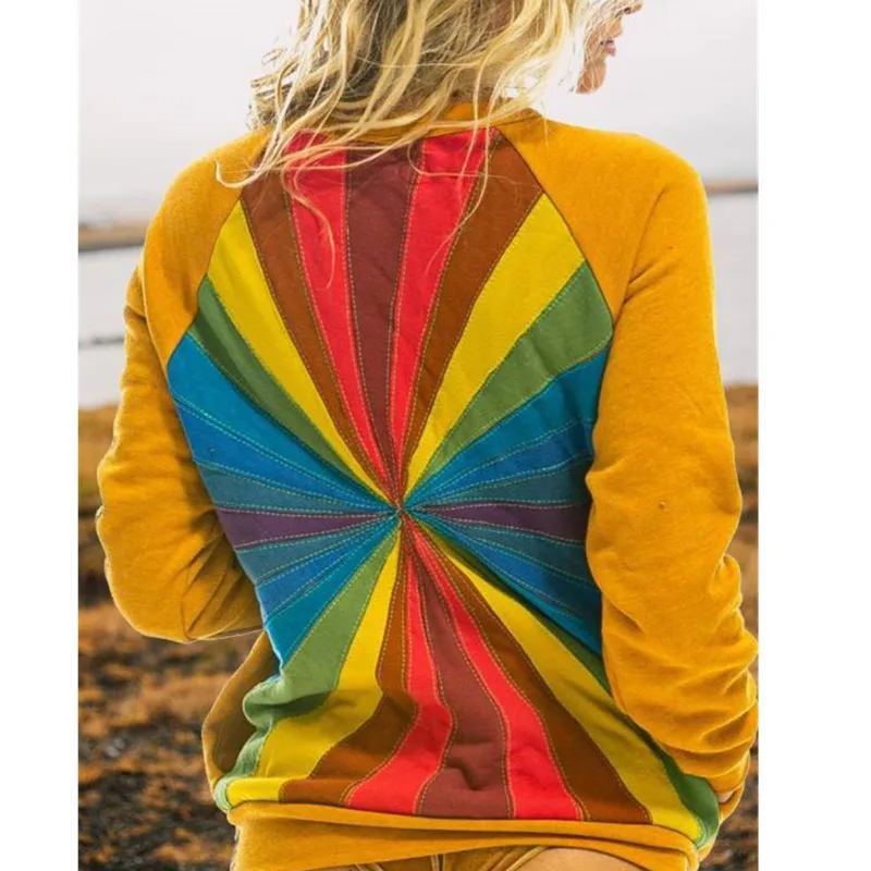 

2021 Spring Women's Long Sleeve Printed Round Neck Yellow Solid Color Sweater Loose Sweatshirt Women Oversized Clothes Casual