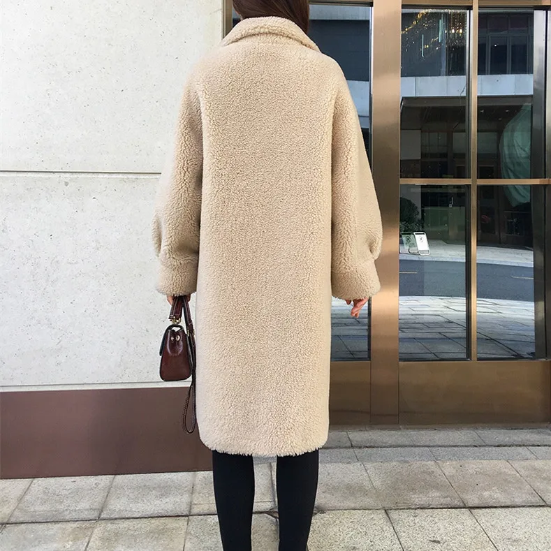 SY07 Fall winter women 30% real wool fur coat overcoat Horn buckle warm pocket sheep shearing girl fur coats lady long jacket