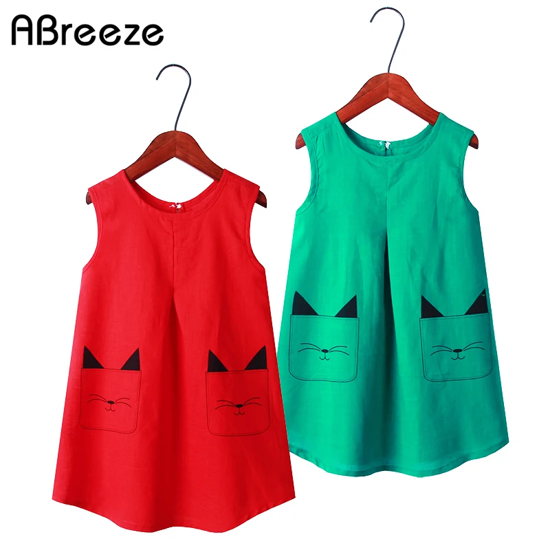 2021 Summer Girls Dresses Cotton Vest 2-11Y Cat Print Style Color Green Red For Kids | Детская одежда и обувь