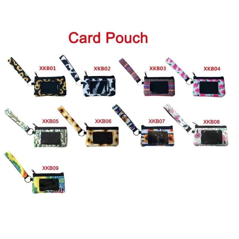 

Neoprene Credit Card ID Holder Mini Wristlet Wallet Woman Change Handbag with PVC Window Wristlet Keychain Lanyard