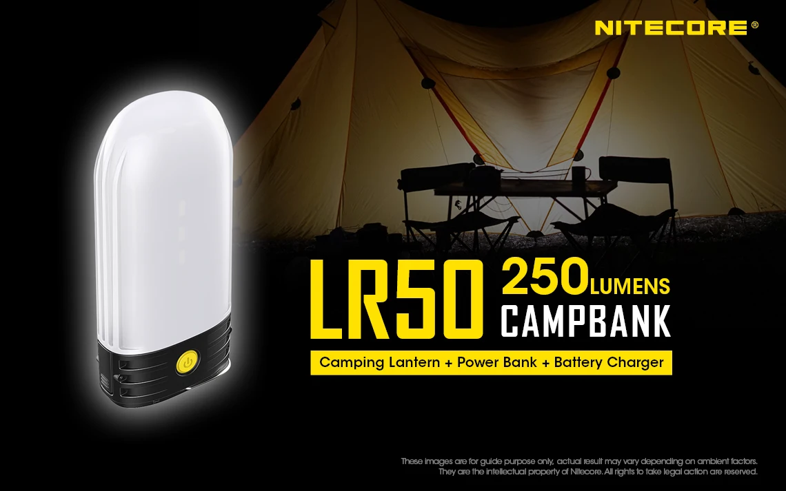 NITECORE LR50 открытый Мощность банка+ Кемпинг Фонари+ Батарея Зарядное устройство 3in1 9xCRI светодиоды 250LMs+ 2x3400 мАч 18650 клапанным NL1834