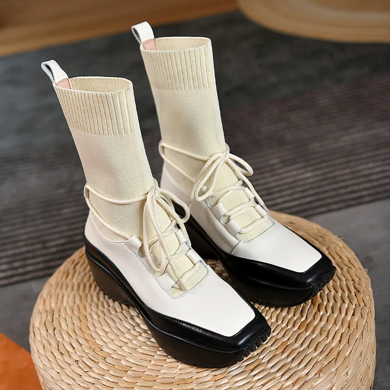 Harga MORAZORA 2022 Sepatu Wedges Hak Tinggi Diskon Besar-besaran Sepatu Bot Kaus Kaki Melar Wanita Sepatu Bot Pergelangan Kaki Musim Dingin Rajut + Kulit Asli Wanita