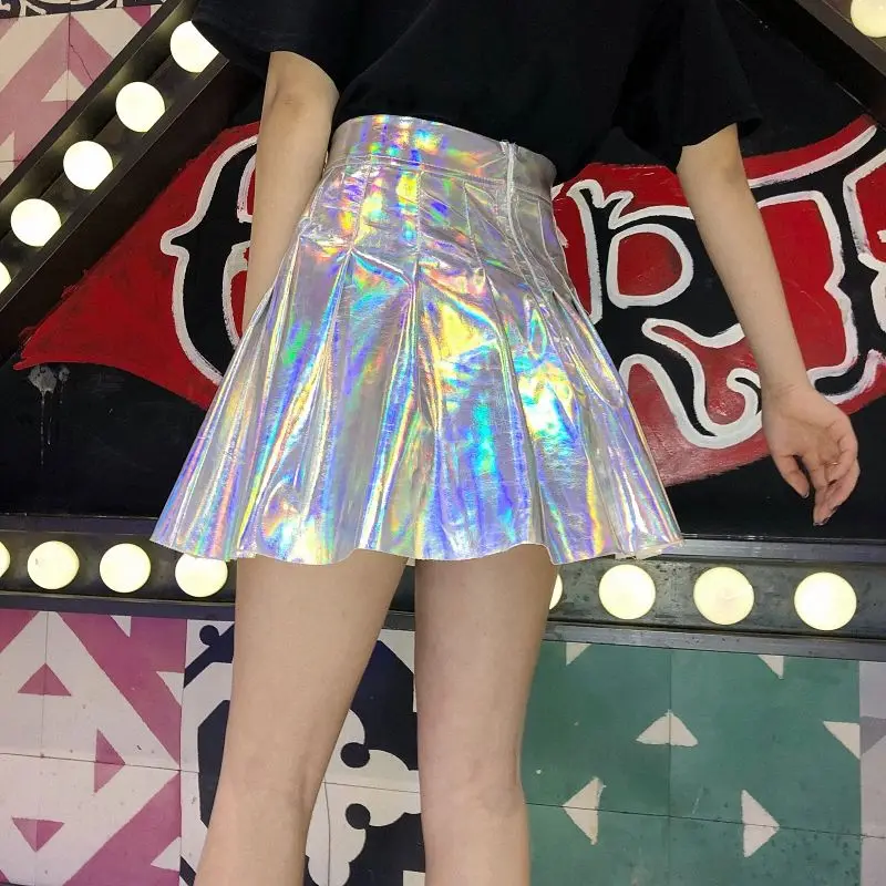 

Nightclub Bangdi Harajuku High Waist Student Laser Skirt Shiny Pu Leather Skirt Puff Skirt A-line Skirt Dance mini leather skirt