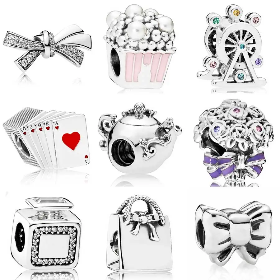 Brilliant Bow Enchanted Tea Pot Signature Scent Playing Cards Charms Fit Pandora Bracelet 925 Sterling Silver Bead DIY Jewelry