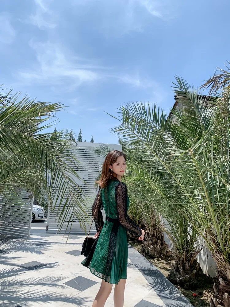 Осеннее Новое поступление зеленое мини кружевное платье высокого качества
