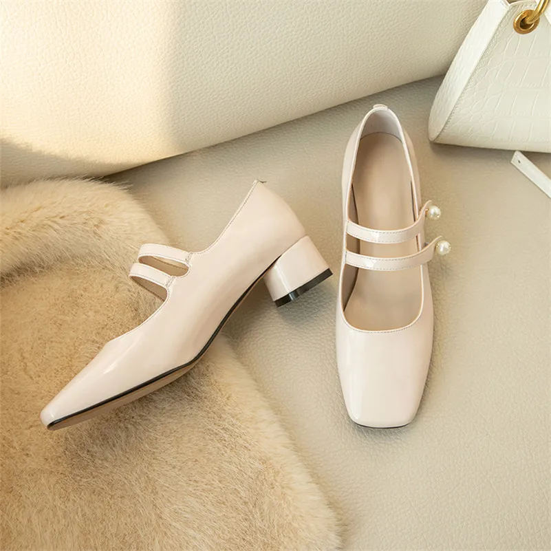 

ANNYMOLI 2021 Genuine Leather Mary Janes Shoes Women Square Toe Med Heels Chunky Heel Pumps Fashion Pearl Ladies Footwear White