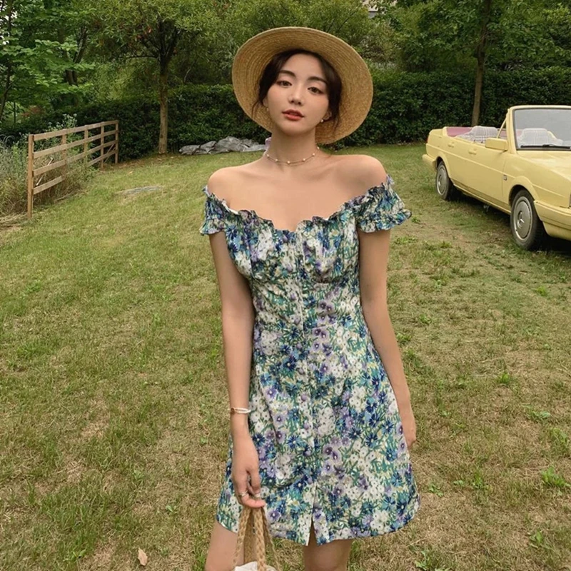 

Summer Chic Off Shoulder Elegant Sweet Mini Dress Women Sleeveless Floral Party Beach Dress for Females