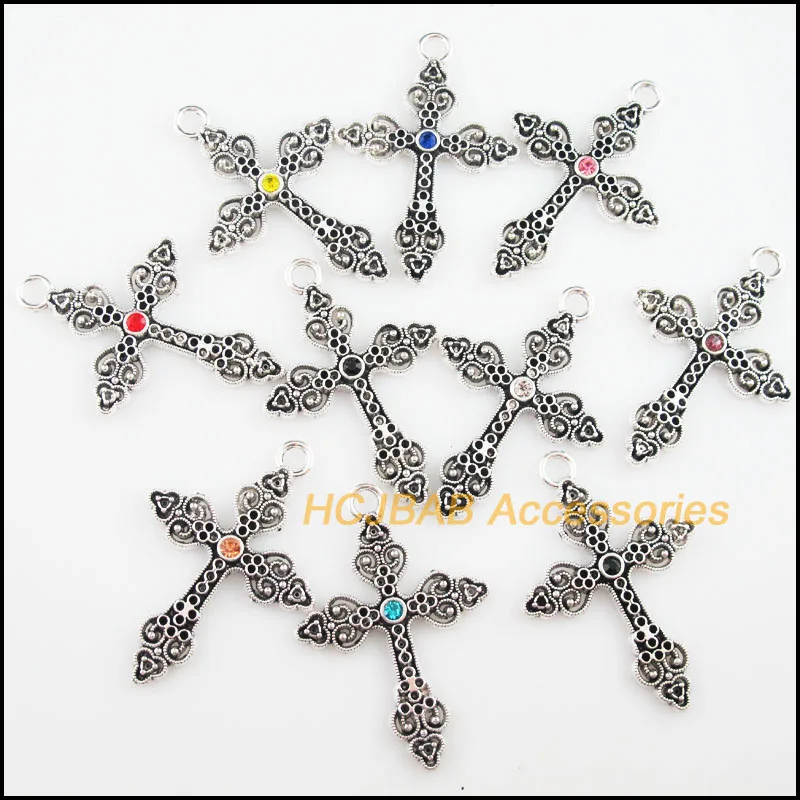 

10 новых подвесок с крестом в форме сердца, тибетские серебряные подвески с искусственным кристаллом 34,5x50 мм